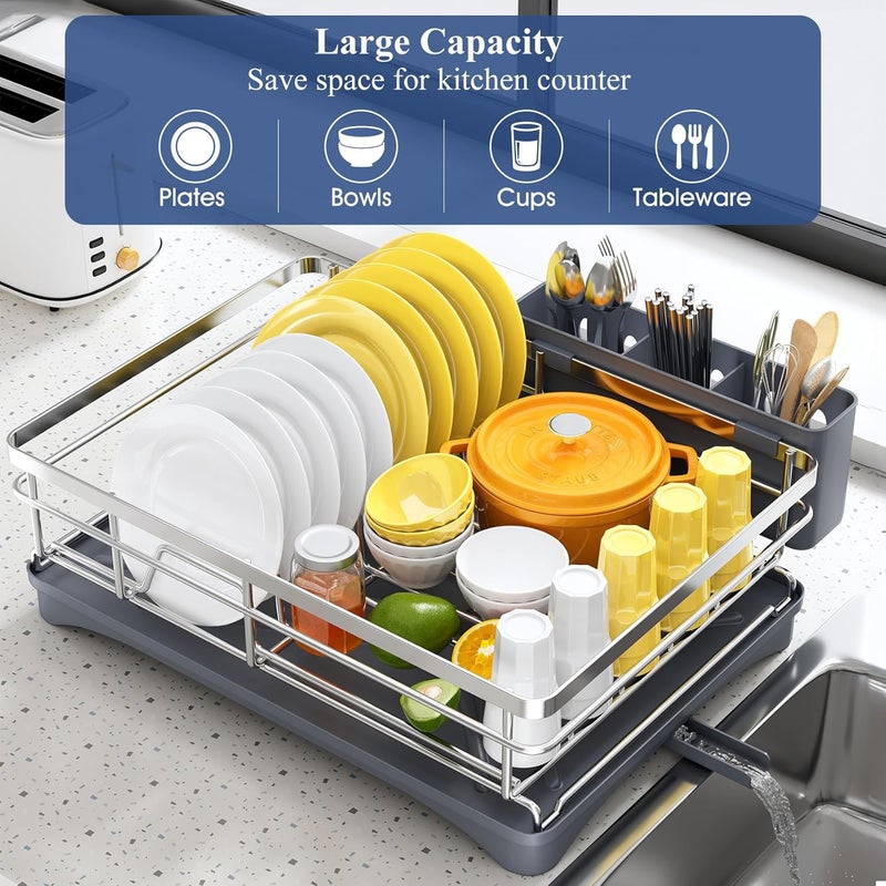 SNTD Dish Drying Rack for Kitchen Counter - Stainless Steel Dish Rack with Drainboard, Large Dish Drainer with Utensil Holder for Sink, Silver - Image 2